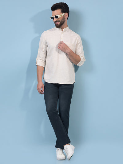 Men's Beige Embroidered Linen Kurta-Men Kurtas-Crimsoune Club