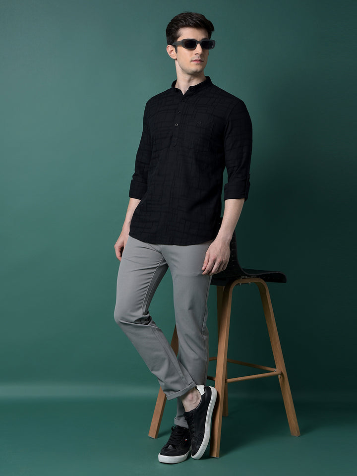 Black Jacquard Linen Kurta-Men Kurtas-Crimsoune Club