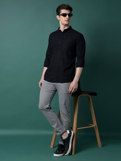 Black Jacquard Linen Kurta-Men Kurtas-Crimsoune Club