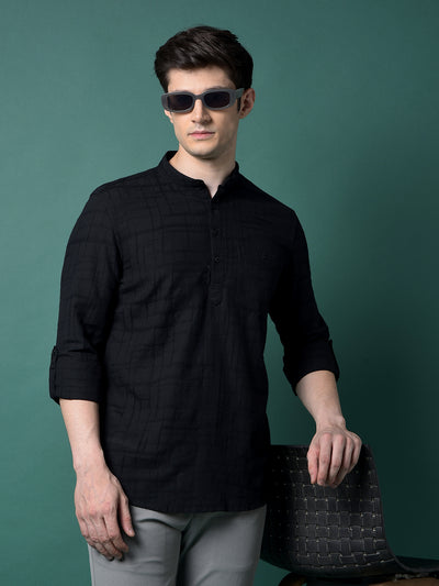 Black Jacquard Linen Kurta-Men Kurtas-Crimsoune Club