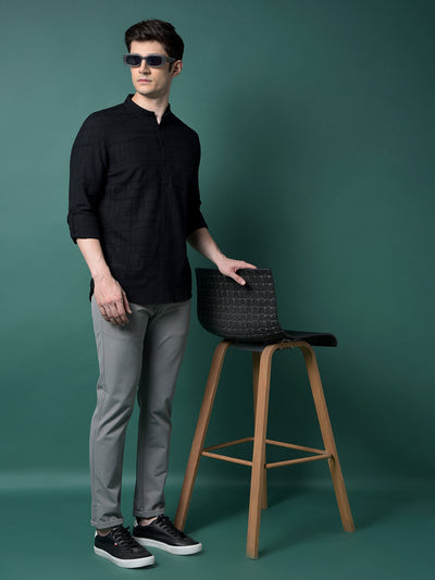 Black Jacquard Linen Kurta-Men Kurtas-Crimsoune Club