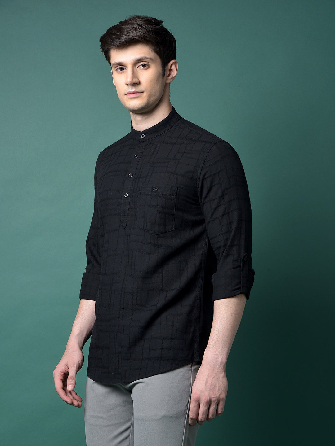 Black Jacquard Linen Kurta-Men Kurtas-Crimsoune Club