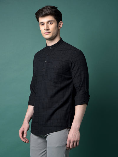 Black Jacquard Linen Kurta-Men Kurtas-Crimsoune Club