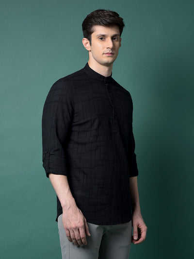 Black Jacquard Linen Kurta-Men Kurtas-Crimsoune Club