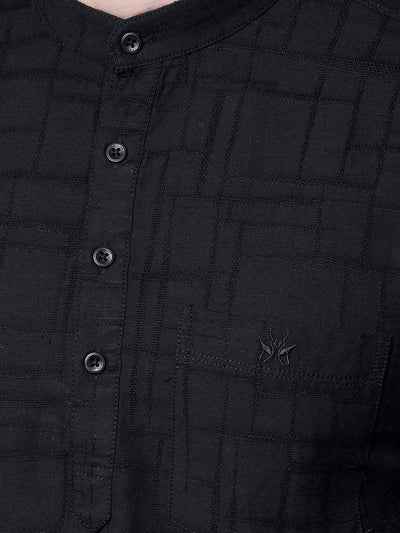 Black Jacquard Linen Kurta-Men Kurtas-Crimsoune Club