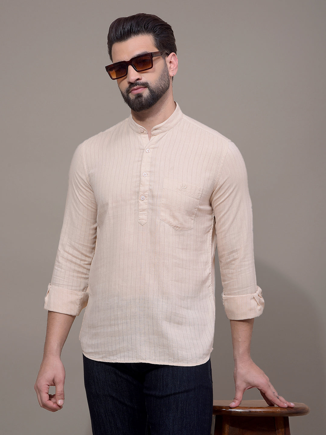 Beige Linen Kurta-Men Kurtas-Crimsoune Club