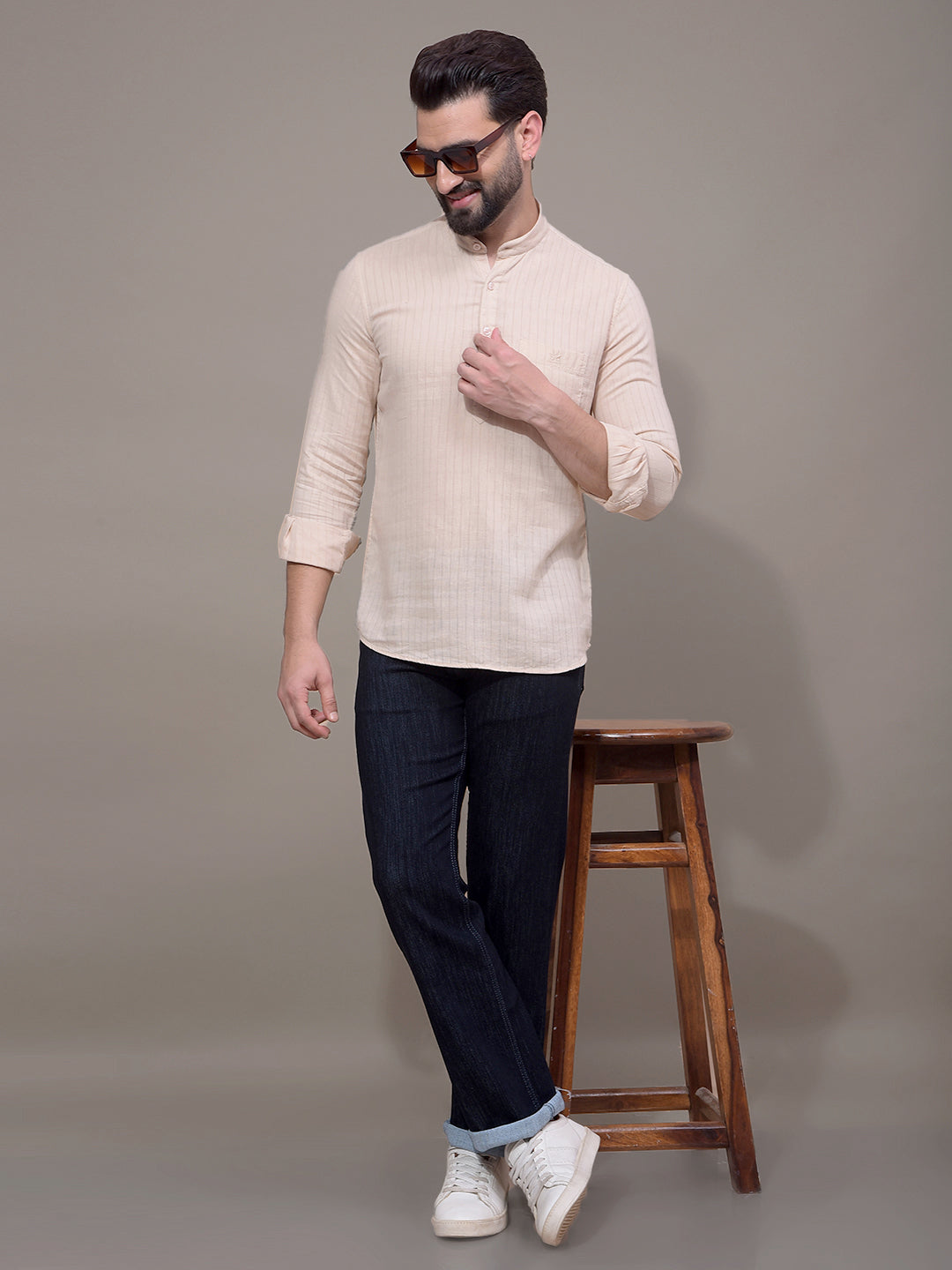 Beige Linen Kurta-Men Kurtas-Crimsoune Club
