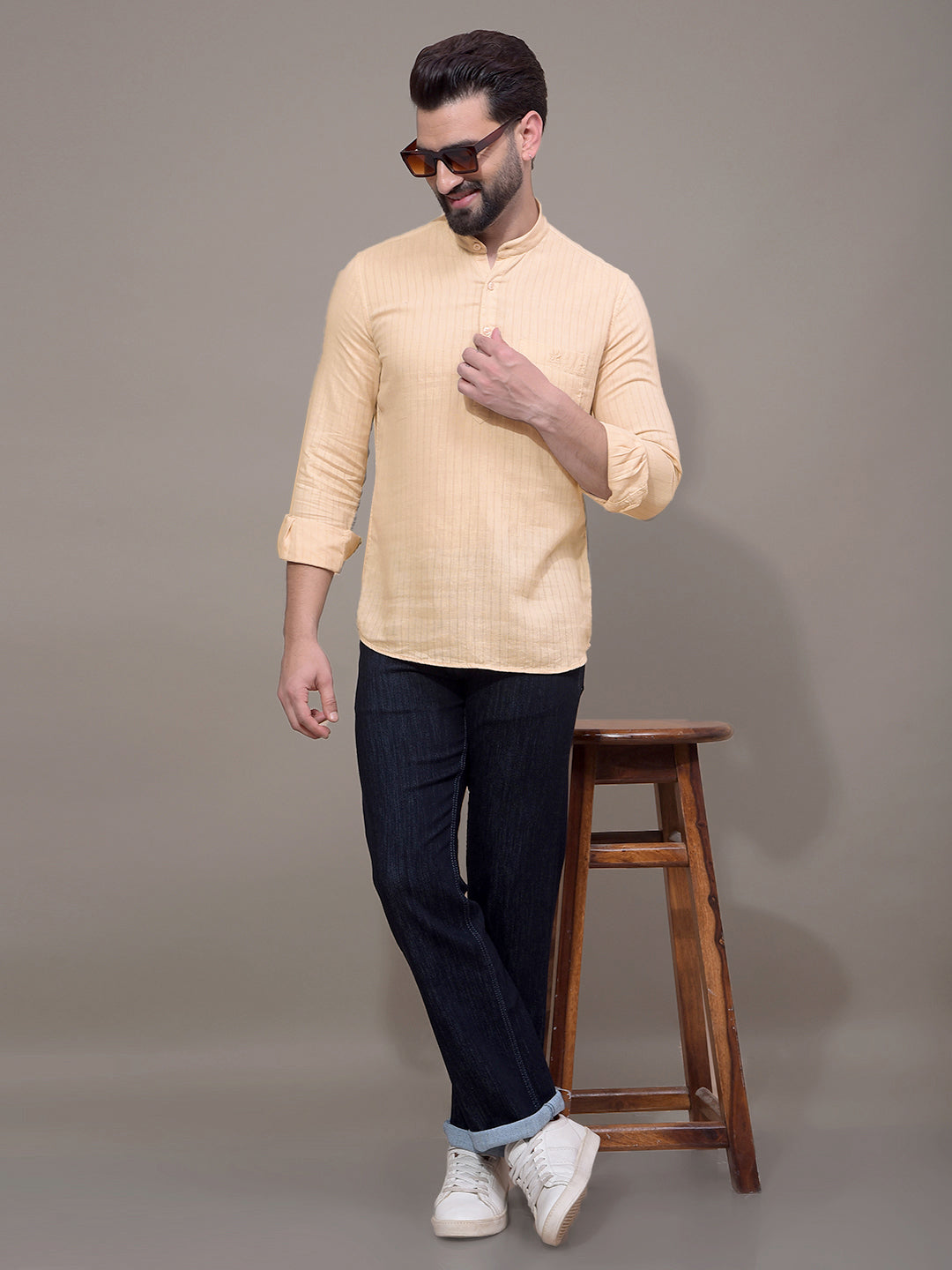 Beige Linen Kurta-Men Kurtas-Crimsoune Club