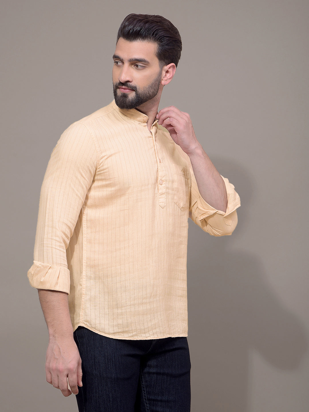 Beige Linen Kurta-Men Kurtas-Crimsoune Club