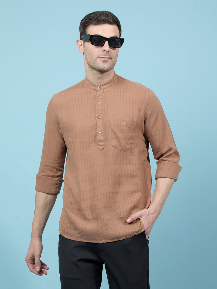 Brown Vertical Stripes Linen Kurta-Men Kurtas-Crimsoune Club