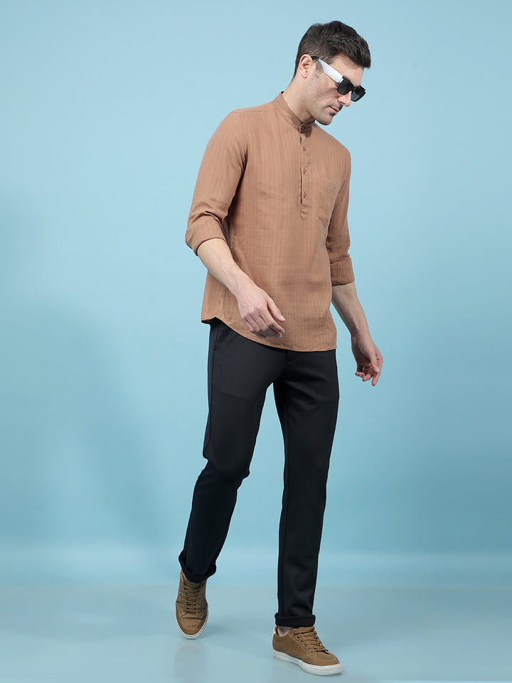 Brown Vertical Stripes Linen Kurta-Men Kurtas-Crimsoune Club