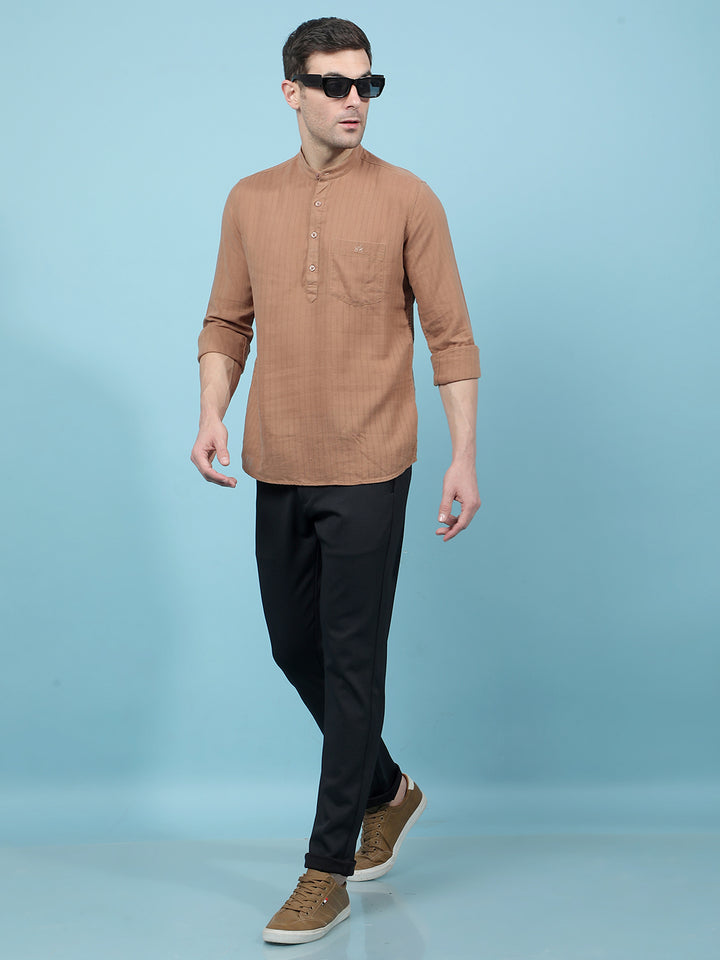 Brown Vertical Stripes Linen Kurta-Men Kurtas-Crimsoune Club