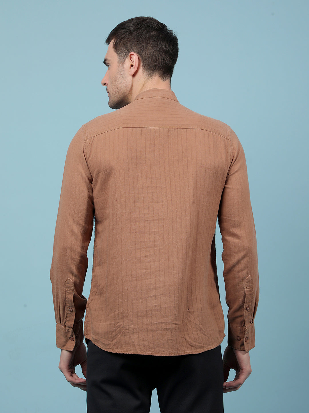 Brown Vertical Stripes Linen Kurta-Men Kurtas-Crimsoune Club