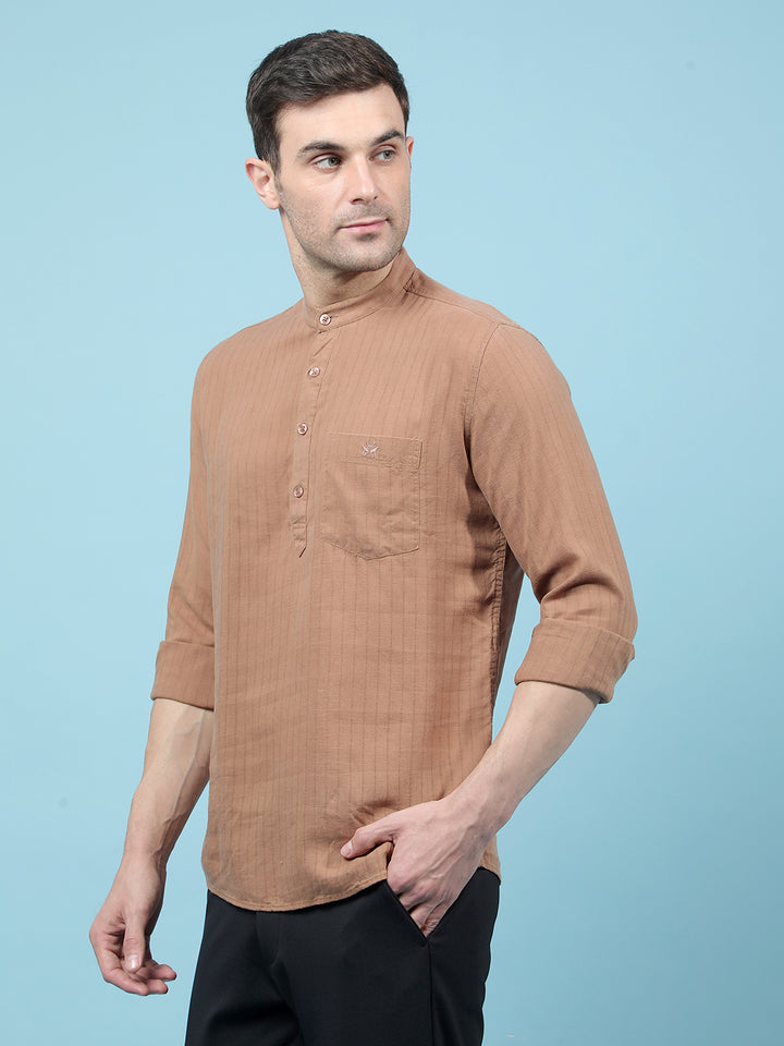 Brown Vertical Stripes Linen Kurta-Men Kurtas-Crimsoune Club
