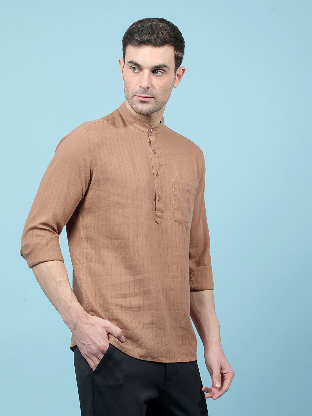 Brown Vertical Stripes Linen Kurta-Men Kurtas-Crimsoune Club