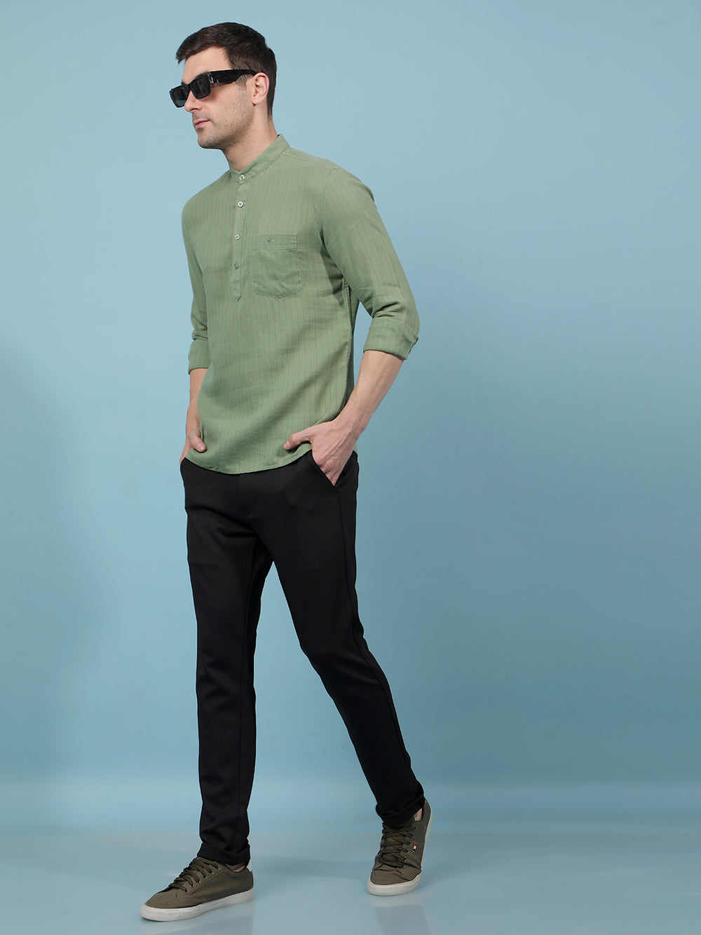 Green Vertical Stripes Linen Kurta-Men Kurtas-Crimsoune Club