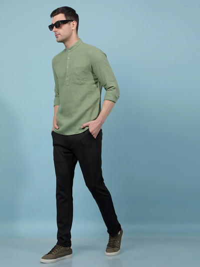 Green Vertical Stripes Linen Kurta-Men Kurtas-Crimsoune Club