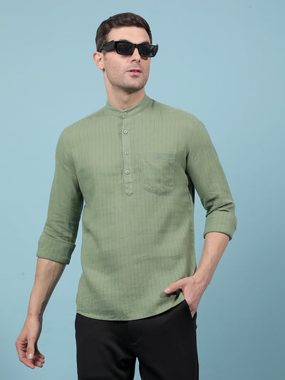 Green Vertical Stripes Linen Kurta-Men Kurtas-Crimsoune Club