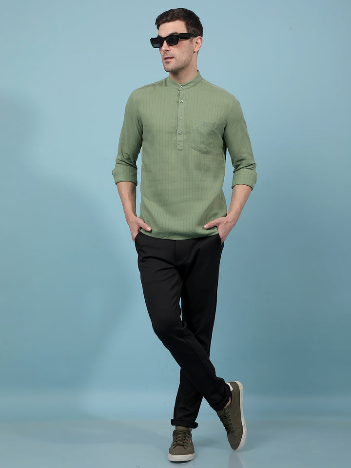 Green Vertical Stripes Linen Kurta-Men Kurtas-Crimsoune Club