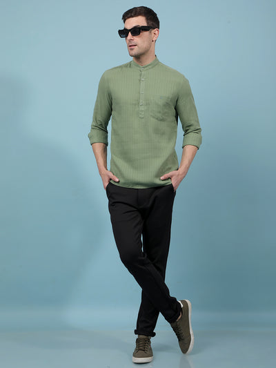 Green Vertical Stripes Linen Kurta-Men Kurtas-Crimsoune Club