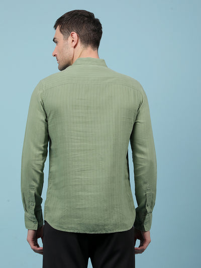 Green Vertical Stripes Linen Kurta-Men Kurtas-Crimsoune Club