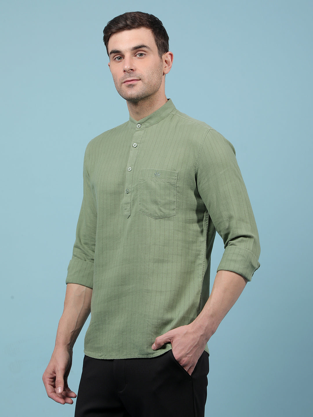 Green Vertical Stripes Linen Kurta-Men Kurtas-Crimsoune Club
