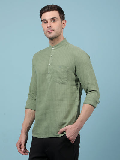 Green Vertical Stripes Linen Kurta-Men Kurtas-Crimsoune Club