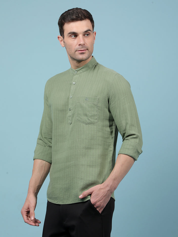 Green Vertical Stripes Linen Kurta-Men Kurtas-Crimsoune Club