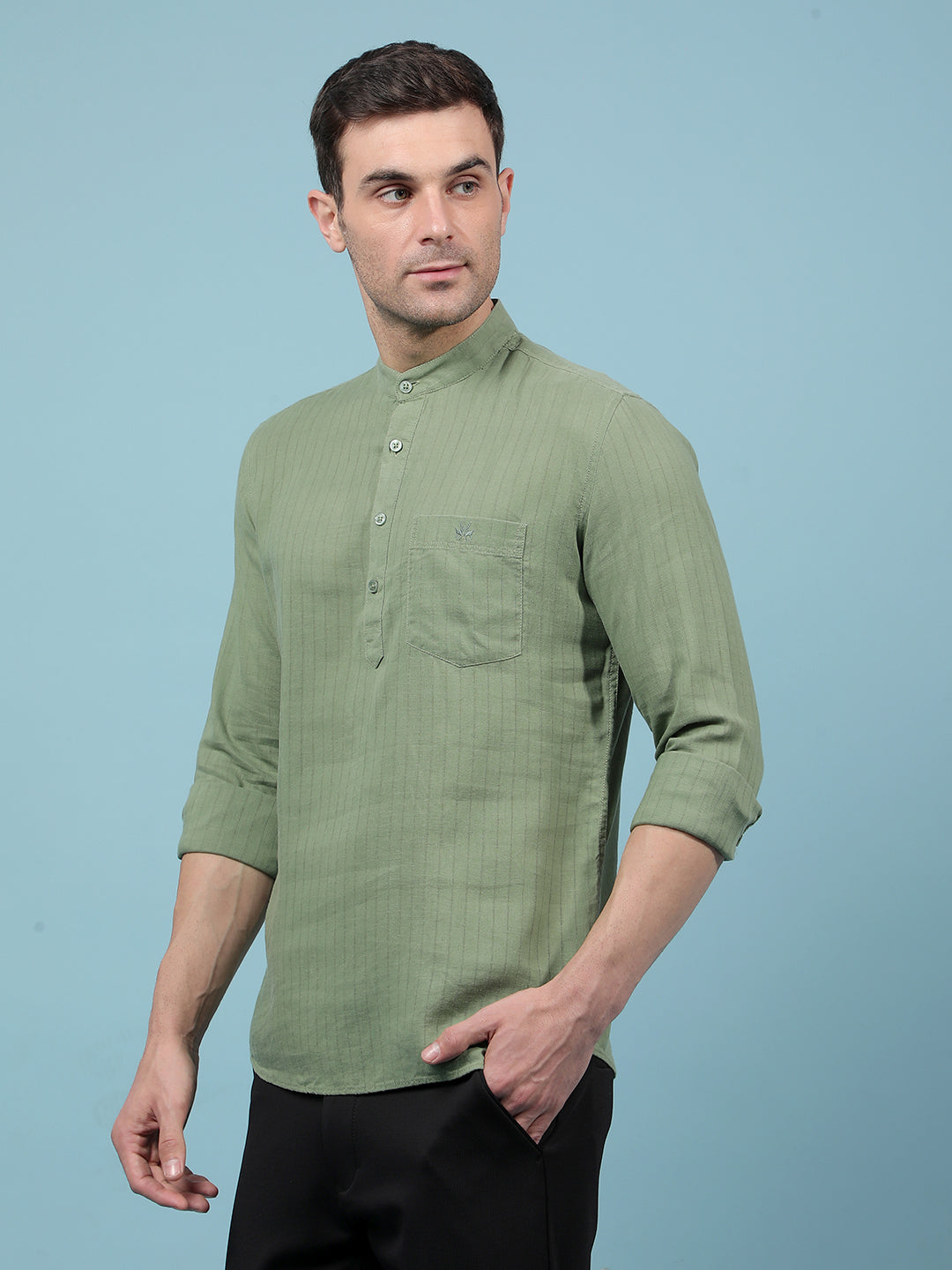 Green Vertical Stripes Linen Kurta-Men Kurtas-Crimsoune Club
