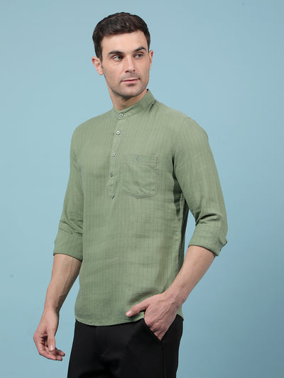 Green Vertical Stripes Linen Kurta-Men Kurtas-Crimsoune Club
