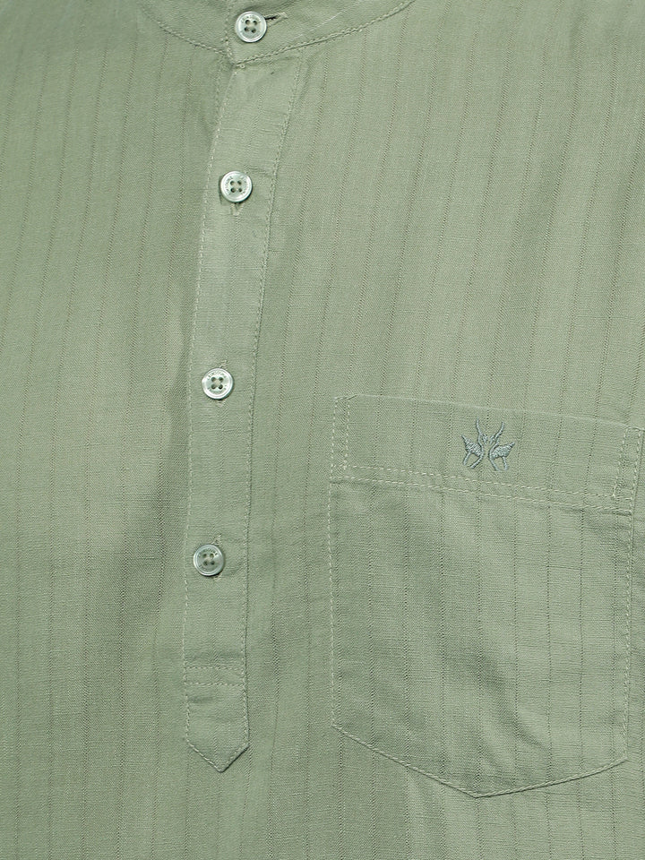 Green Vertical Stripes Linen Kurta-Men Kurtas-Crimsoune Club