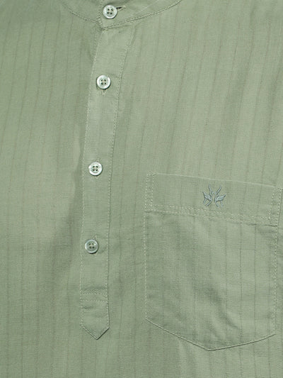 Green Vertical Stripes Linen Kurta-Men Kurtas-Crimsoune Club