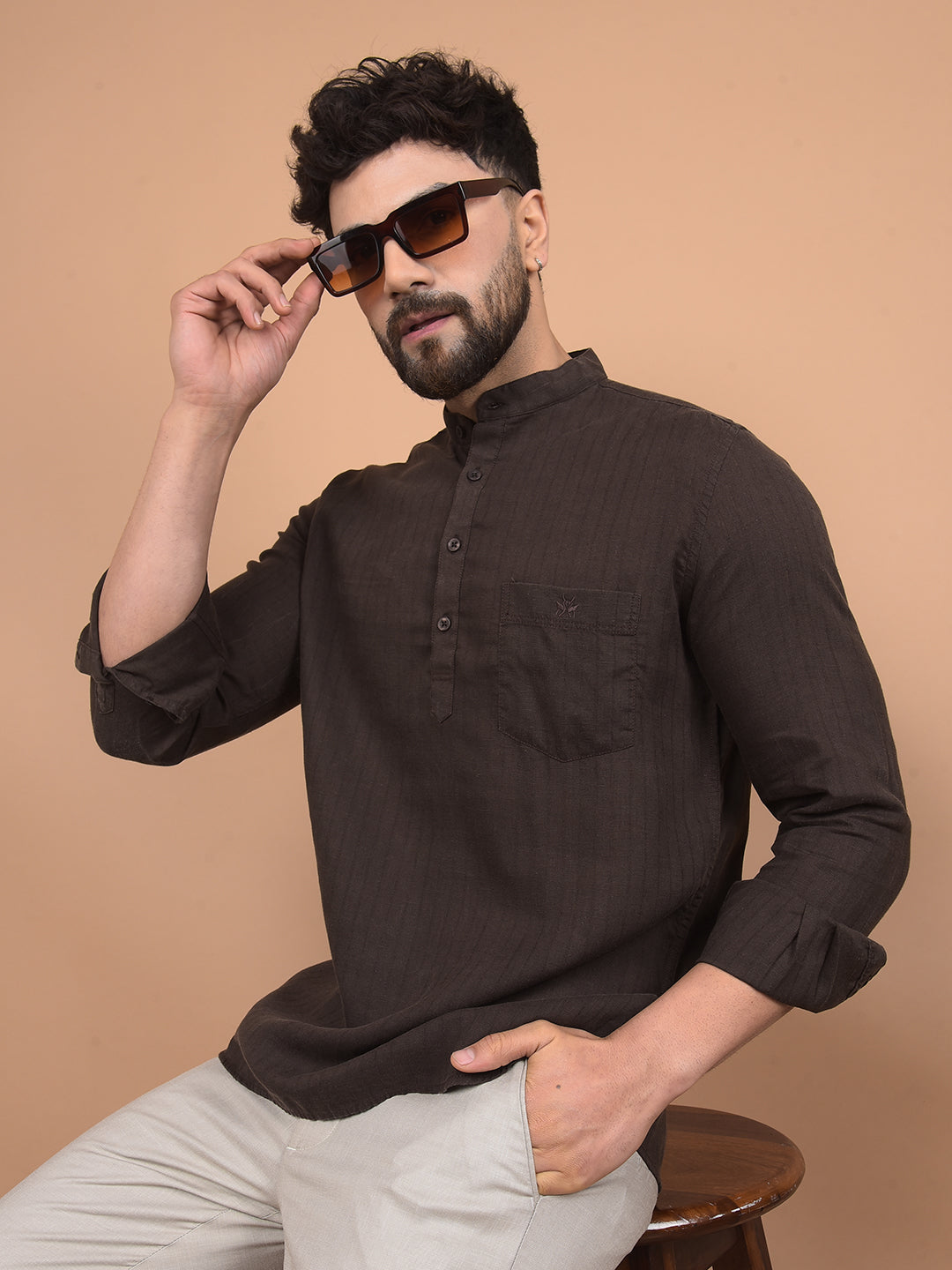 Brown Linen Kurta-Men Kurtas-Crimsoune Club