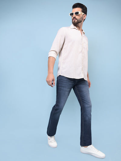 Men's Beige Textured Linen Shirt-Men Shirts-Crimsoune Club