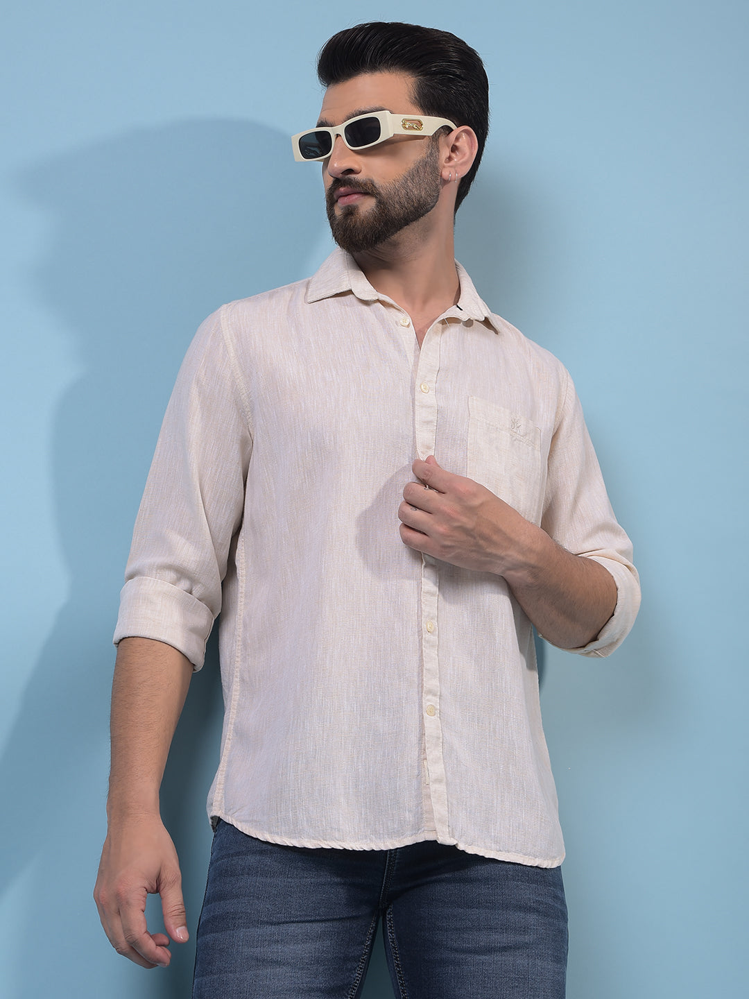 Men's Beige Textured Linen Shirt-Men Shirts-Crimsoune Club