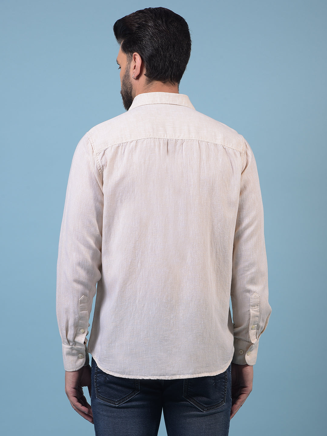 Men's Beige Textured Linen Shirt-Men Shirts-Crimsoune Club