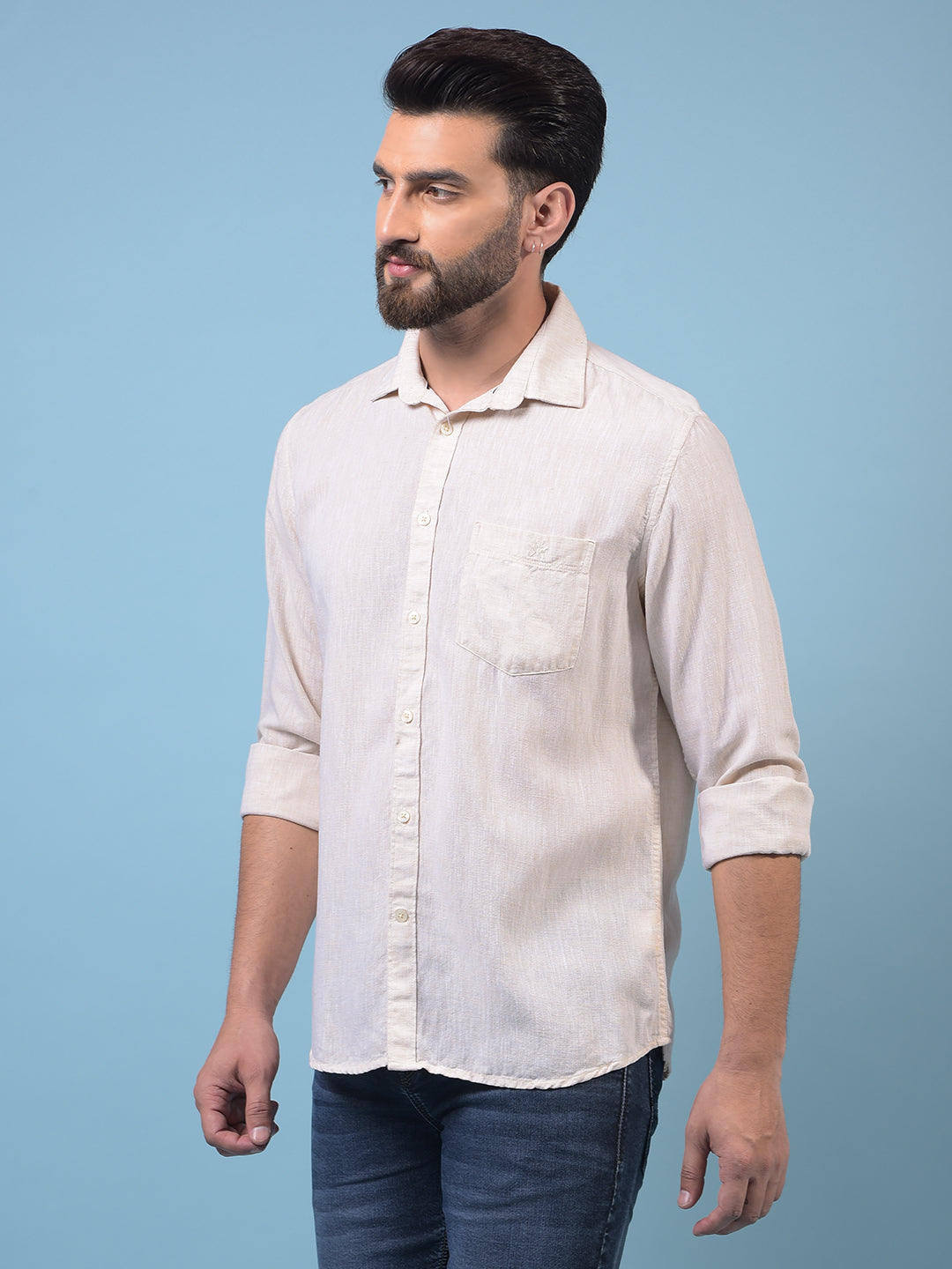 Men's Beige Textured Linen Shirt-Men Shirts-Crimsoune Club