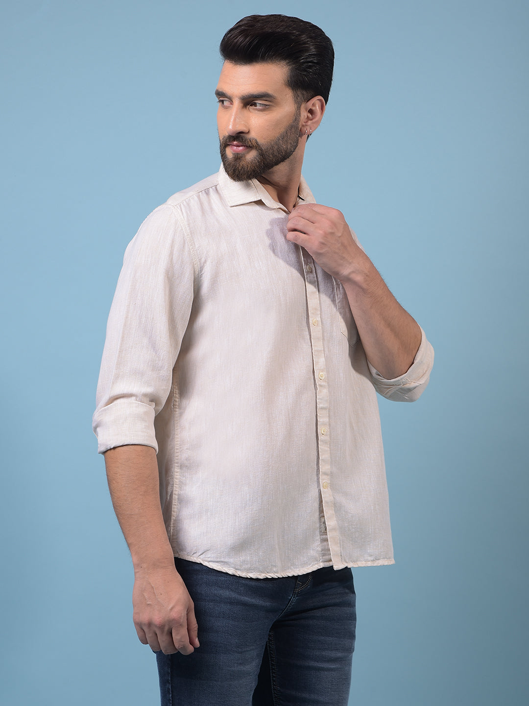Men's Beige Textured Linen Shirt-Men Shirts-Crimsoune Club