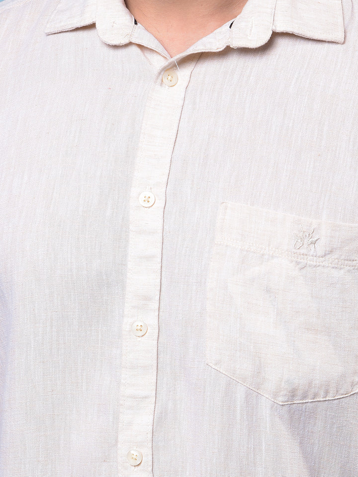 Men's Beige Textured Linen Shirt-Men Shirts-Crimsoune Club