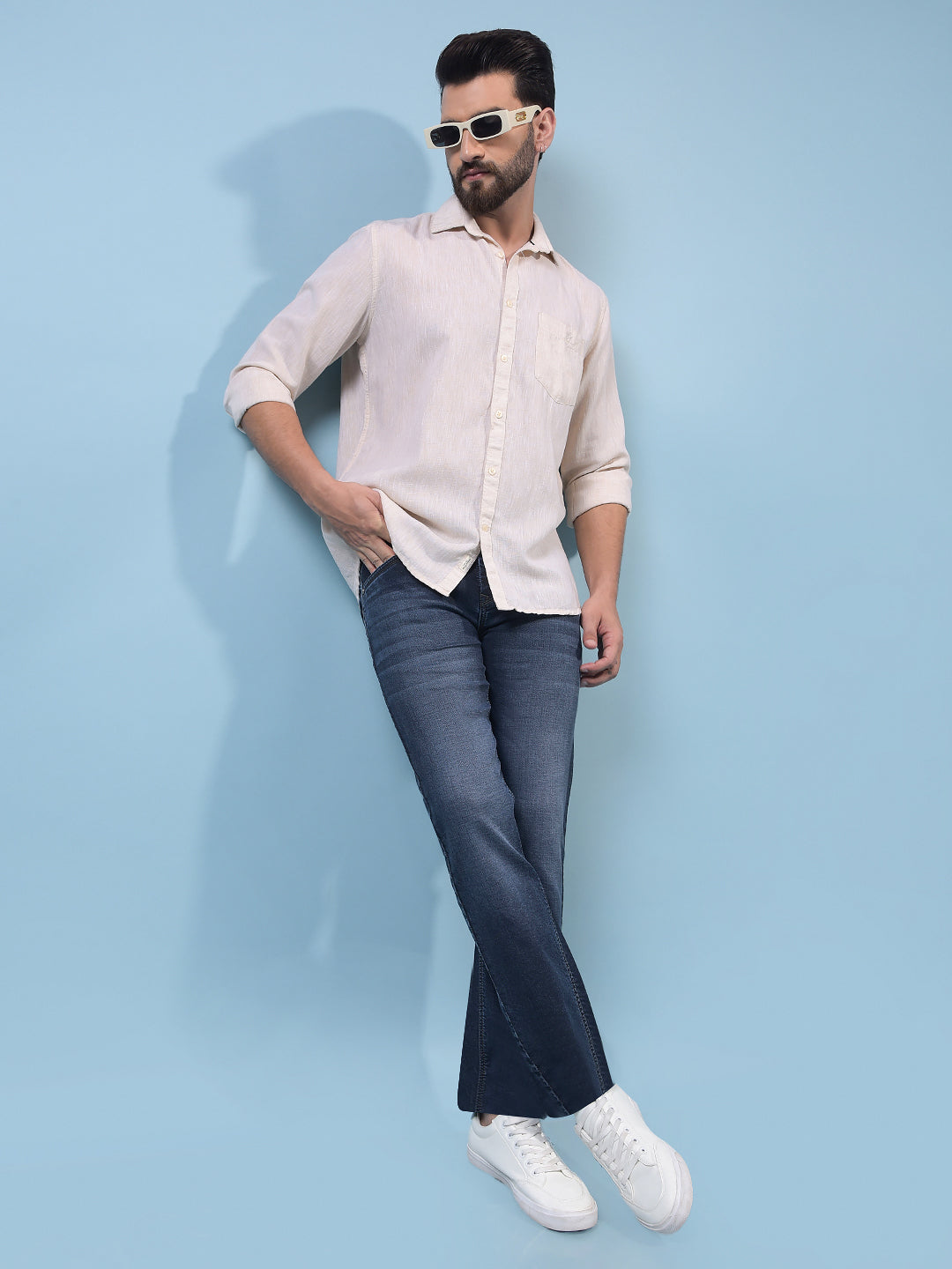 Men's Beige Textured Linen Shirt-Men Shirts-Crimsoune Club