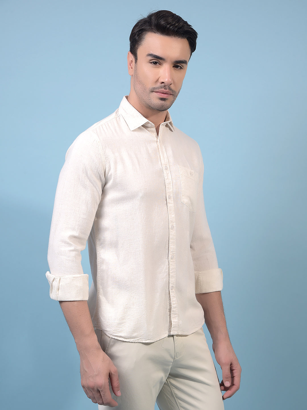 Men's Beige Linen Shirt-Men Shirts-Crimsoune Club