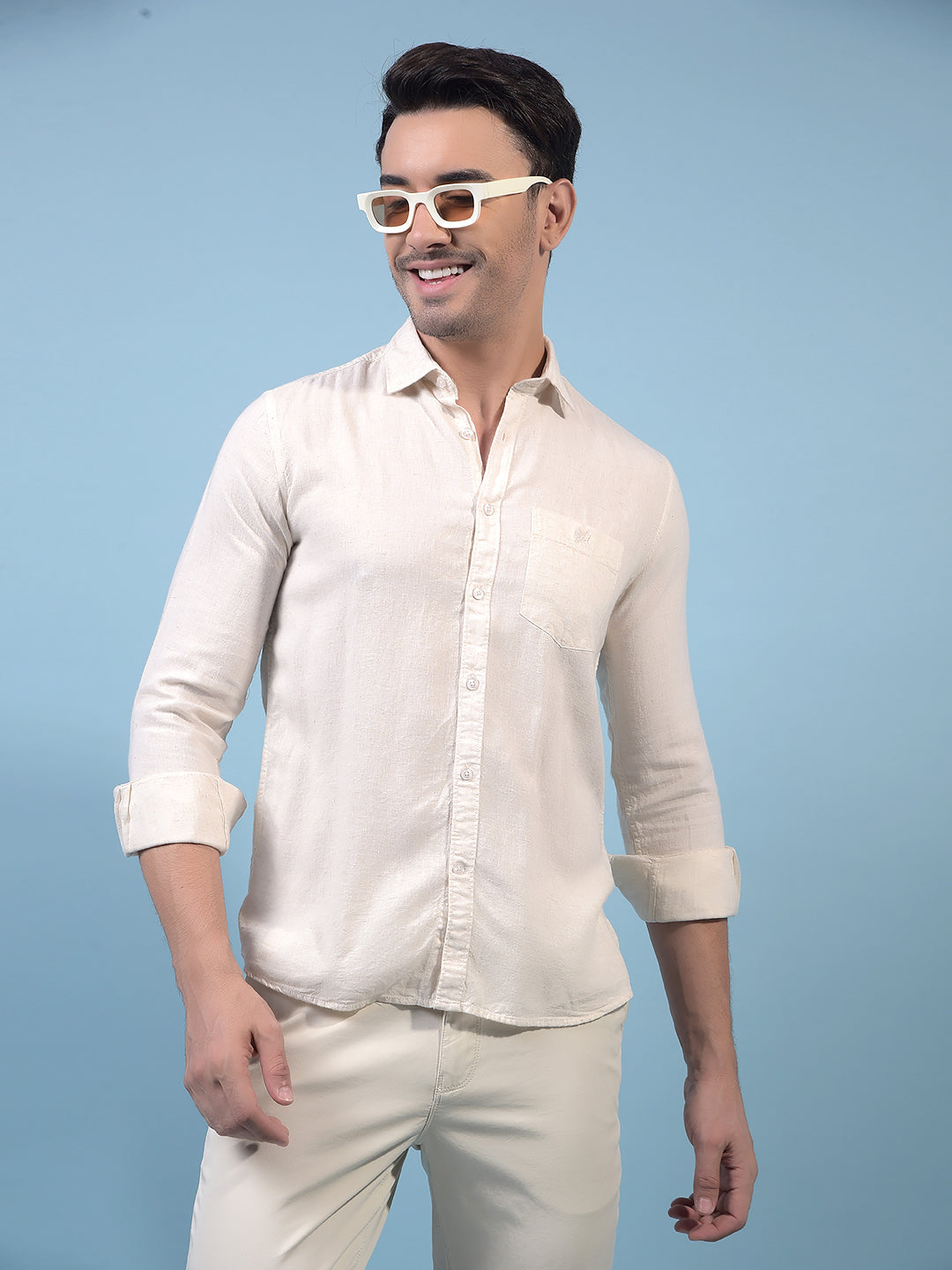 Men's Beige Linen Shirt-Men Shirts-Crimsoune Club
