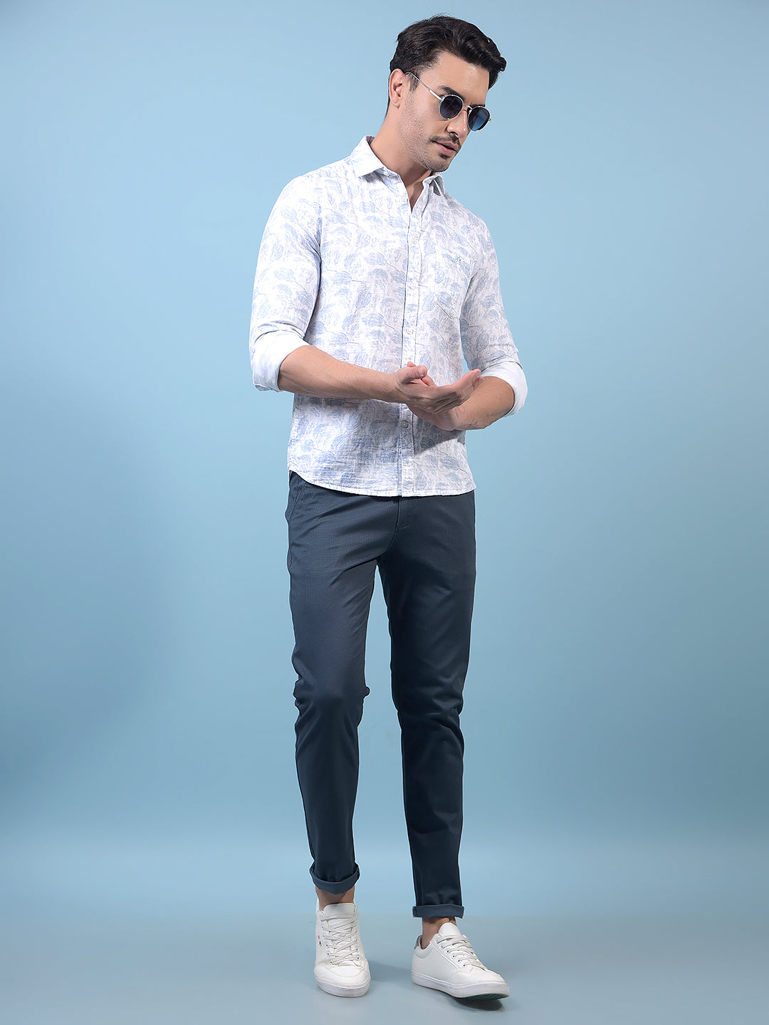 Men's Blue Floral Print Shirt-Men Shirts-Crimsoune Club