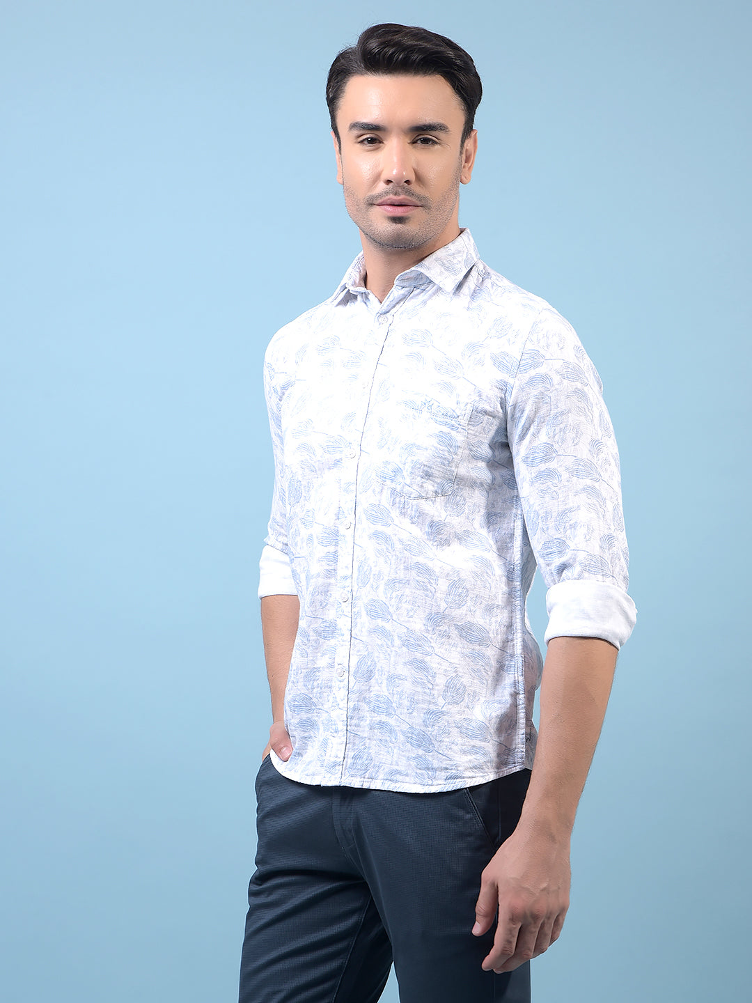 Men's Blue Floral Print Shirt-Men Shirts-Crimsoune Club