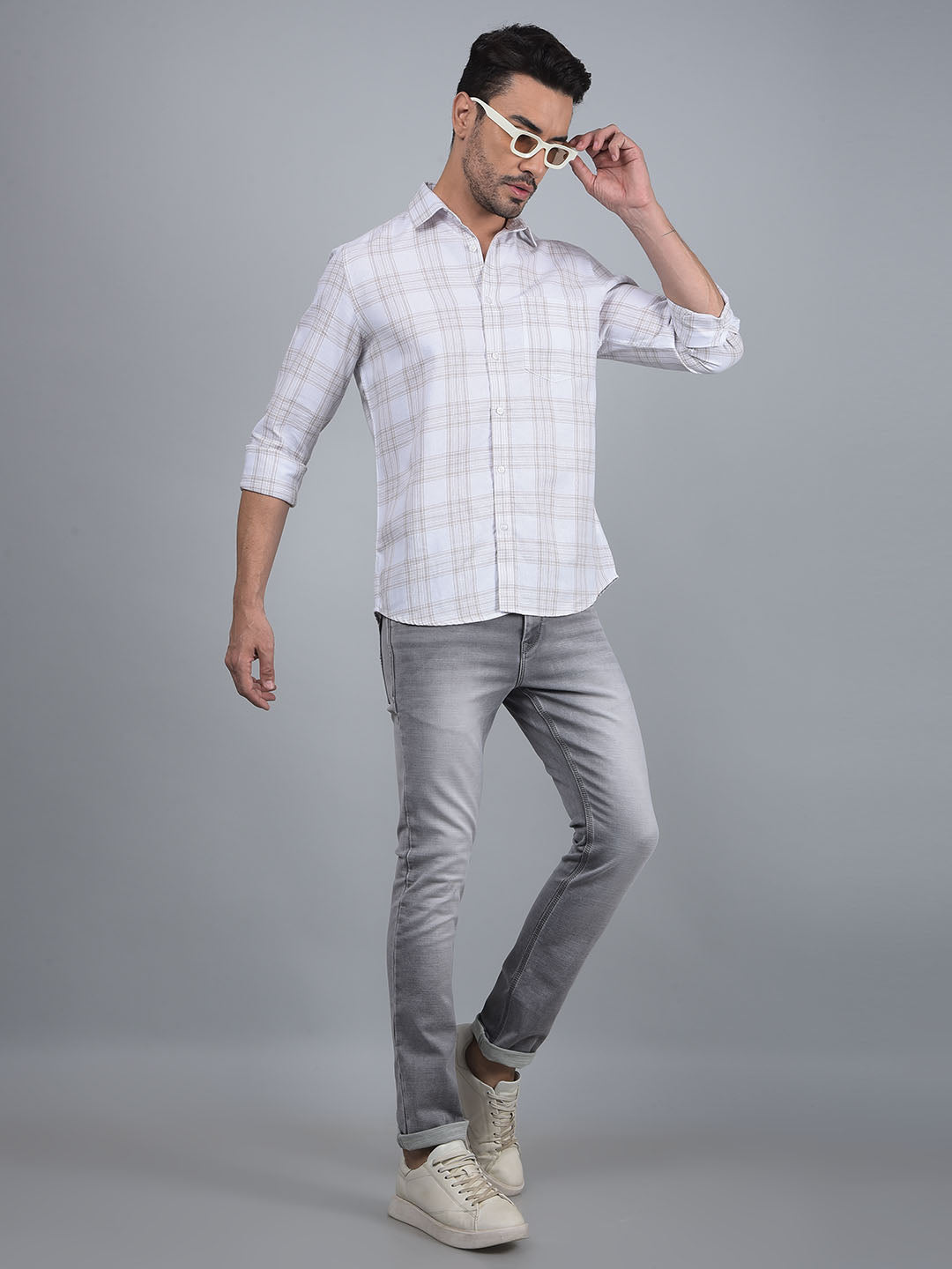 Off White Checked Linen Shirt-Men Shirts-Crimsoune Club