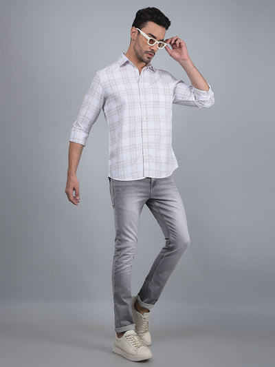 Off White Checked Linen Shirt-Men Shirts-Crimsoune Club