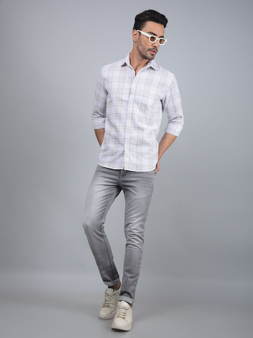 Off White Checked Linen Shirt-Men Shirts-Crimsoune Club