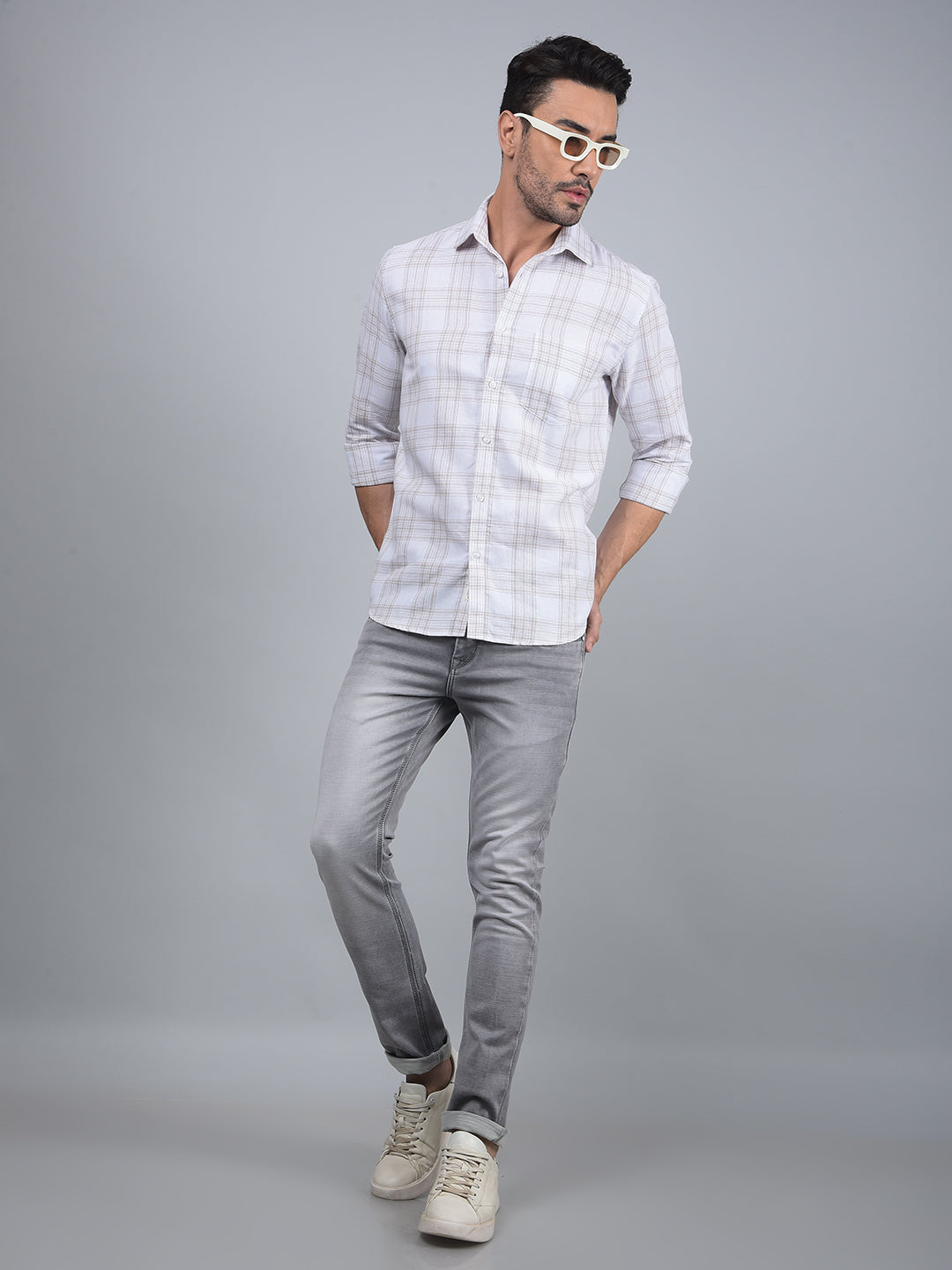 Off White Checked Linen Shirt-Men Shirts-Crimsoune Club