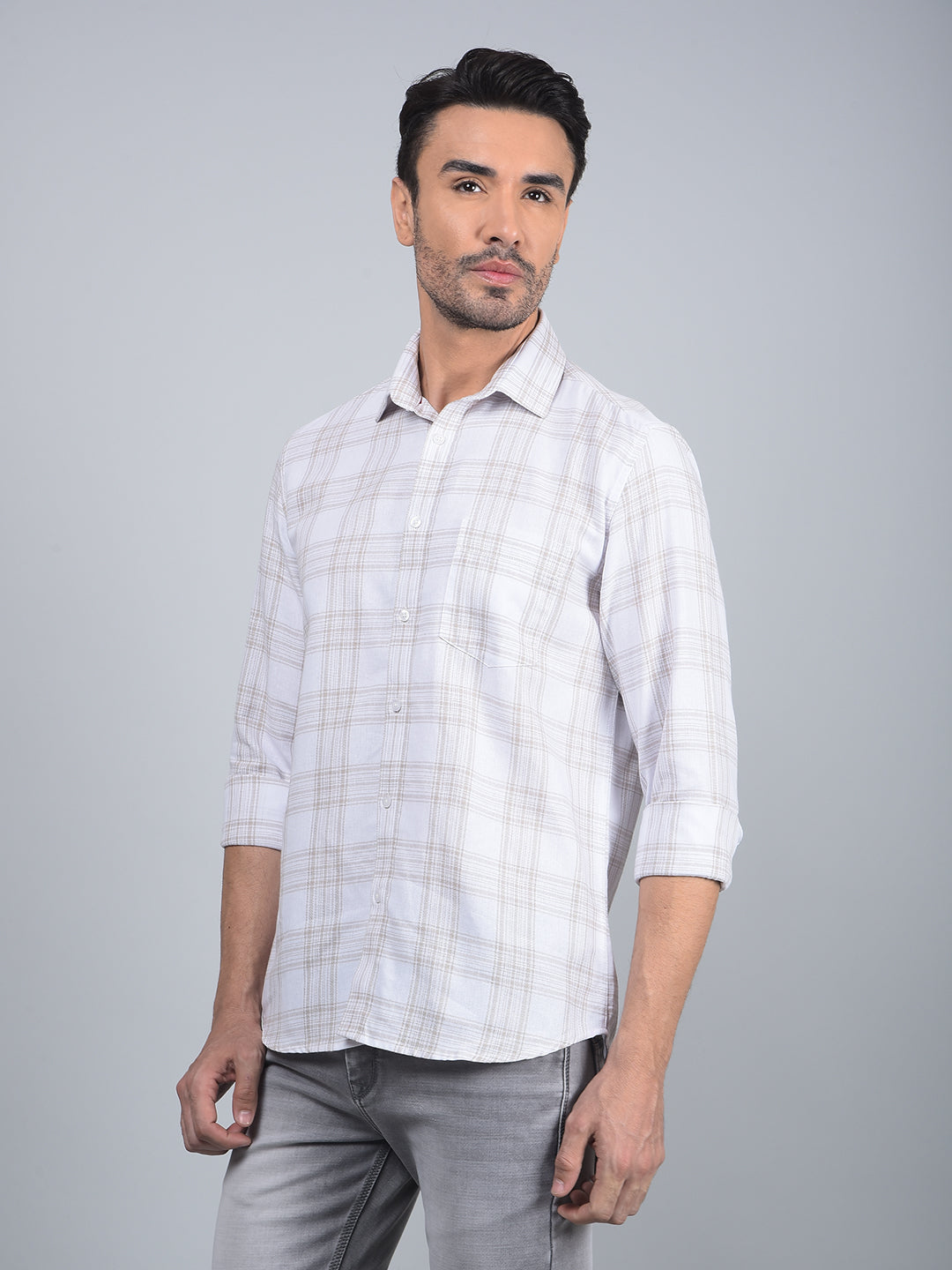 Off White Checked Linen Shirt-Men Shirts-Crimsoune Club