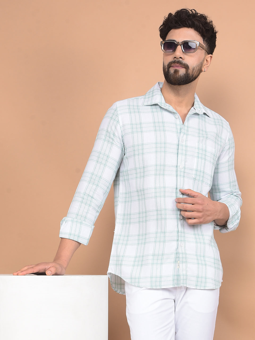 Green Checked Linen Shirt-Men Shirts-Crimsoune Club